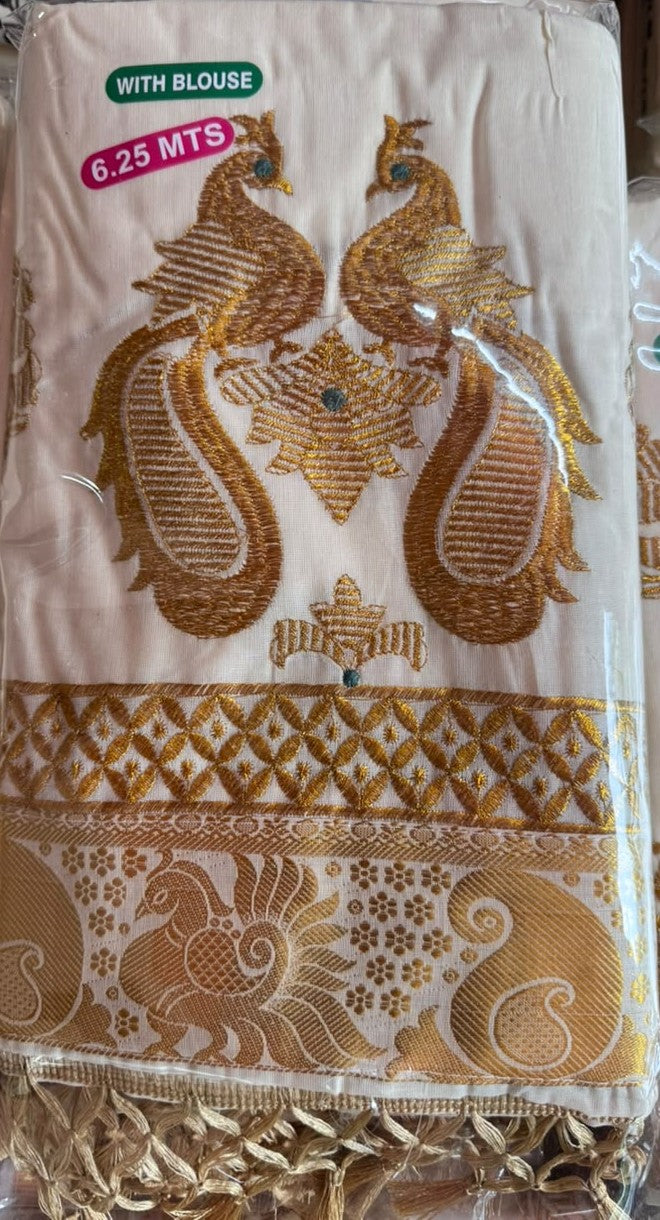Kerala Peacock Embroidery Saree