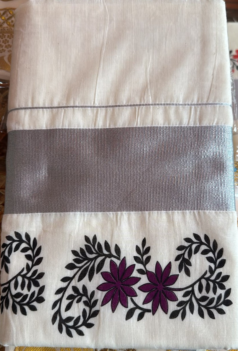 Kerala Silver Border Floral Embroidery Saree