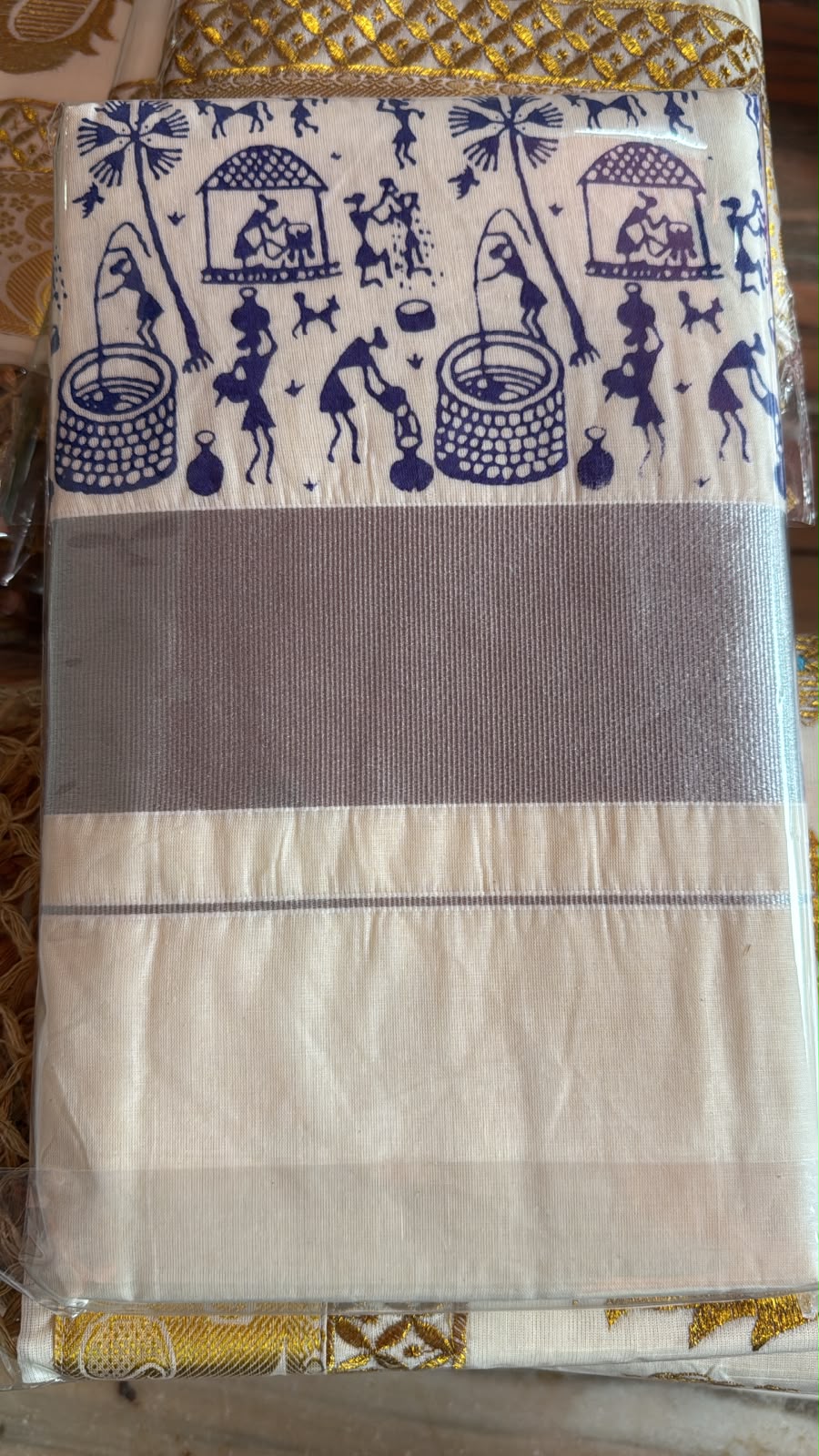 Kerala Silver Border Warli Art Saree