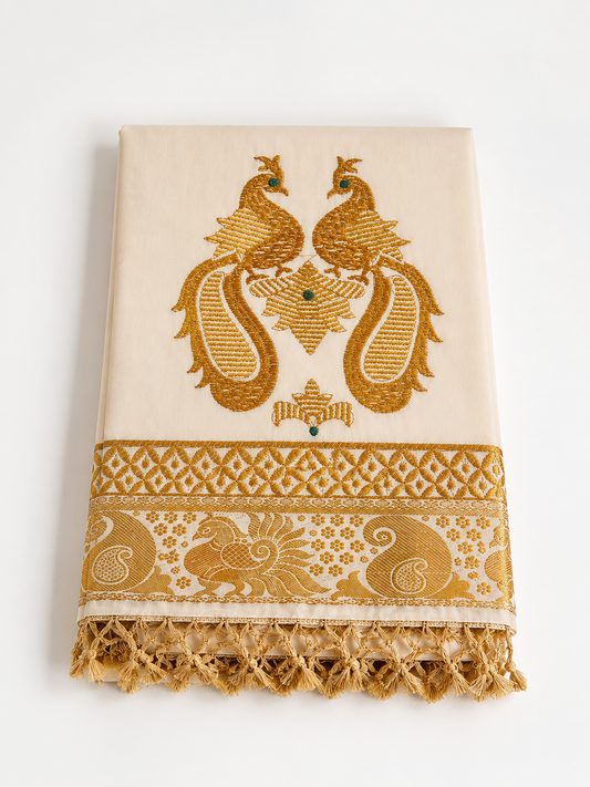 Kerala Peacock Embroidery Saree