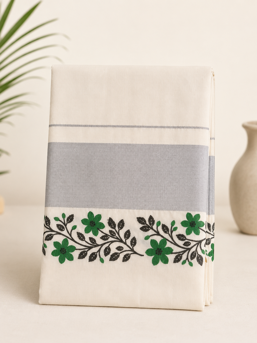 Kerala Silver Border Floral Embroidery Saree