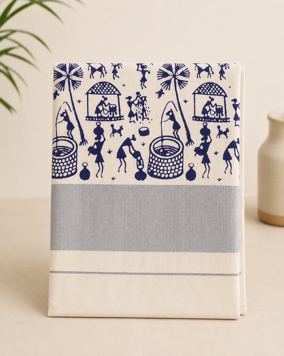 Kerala Silver Border Warli Art Saree