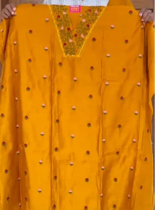 Floral Embroidered Mull Chanderi Churidar Material