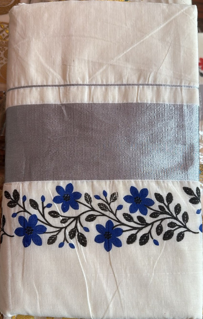 Kerala Silver Border Floral Embroidery Saree
