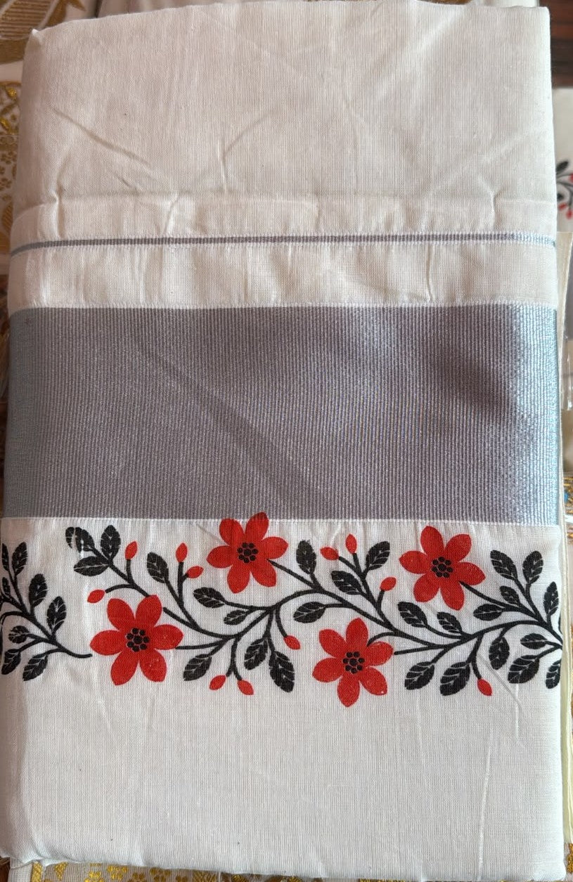 Kerala Silver Border Floral Embroidery Saree