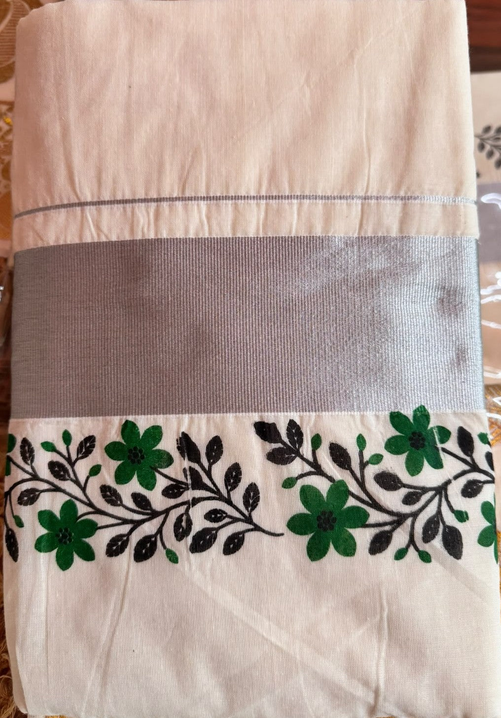 Kerala Silver Border Floral Embroidery Saree